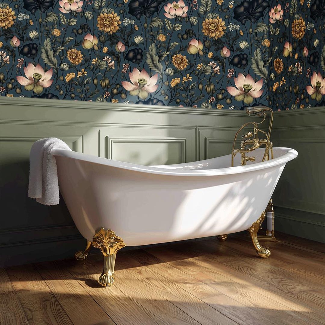Blue Botanical Wallpaper: Vintage Floral Pattern for Bathroom, Powder ...