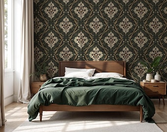 Dark Green Damask Wallpaper: Vintage Ornamental Pattern for Bedroom, Living Room - VN104