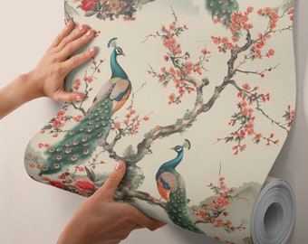 Chinoiserie Peacock Wallpaper: Vintage Japanese Floral Wall Mural