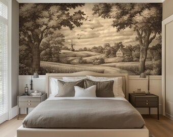 Papel tapiz botánico vintage, mural de naturaleza extraíble, decoración de pared de bosque antiguo para granja RO50