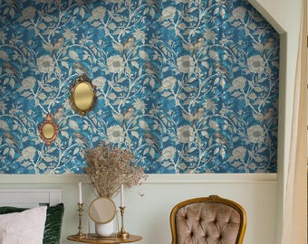 Blue Floral Bird Wallpaper: Vintage Botanical Wall Mural with Nature-Inspired Design - MB08