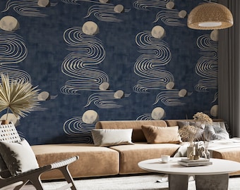 Japanese Zen Wave Wallpaper: Navy Abstract Peel and Stick Wall Mural - ZG03