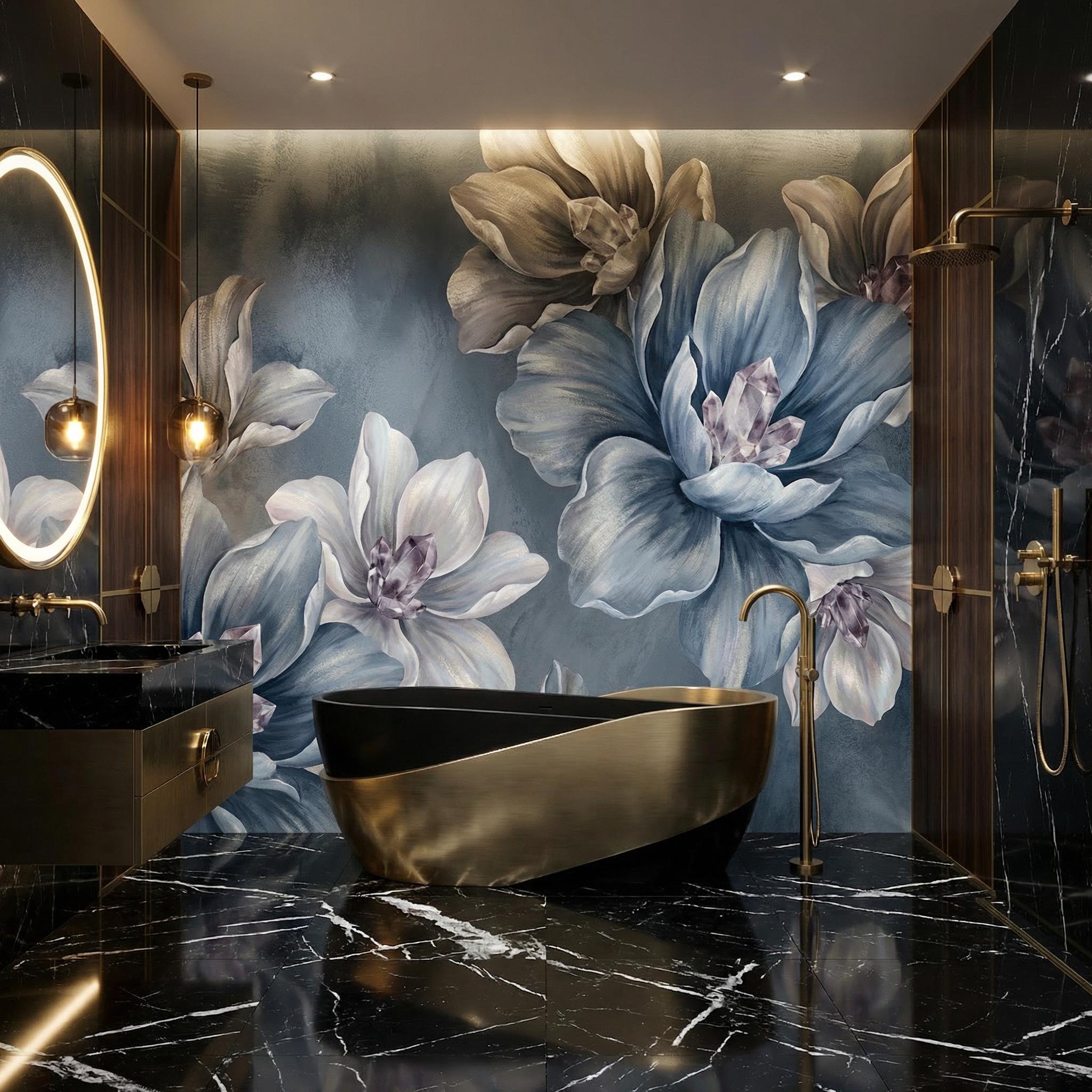 Blue Crystal Floral Wall Mural: Moody Botanical Mural for Living Room ...