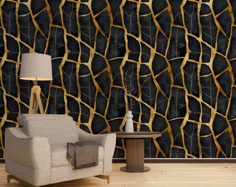 Schwarz-goldene trendige Tapete zum Abziehen und Aufkleben, modernes Art-Deco-Tapeten-Wandbild, dunkles Wanddekor BG09