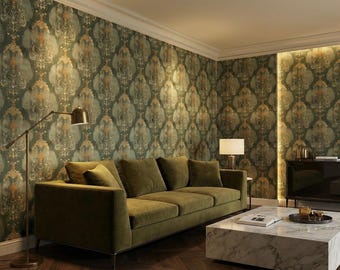 Dark Green Bohemian Damask Removable Wallpaper, Vintage Cottage Decor, Renter-Friendly Wallpaper Roll VN37