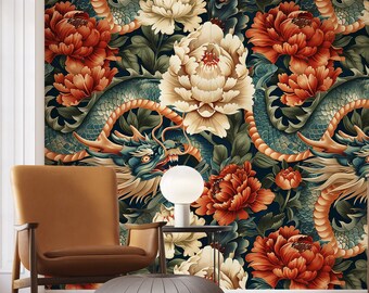 Oriental Wallpaper Vintage Japanese Wallpaper with Peonies and Dragons Chinoiserie Wall Art SD04