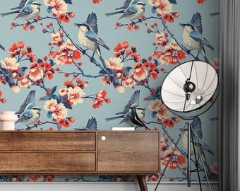 Oriental Wallpaper Vintage Japanese Wallpaper with Birds and Flowers Chinoiserie Wall Art SD06