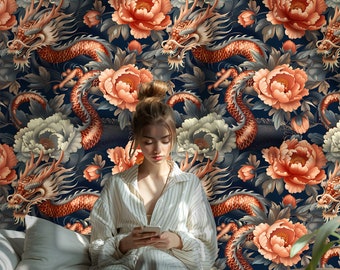 Oriental Dragon Floral Wallpaper – Bold Asian Wall Mural with Red and Cream Peonies on Dark Background SD05