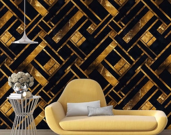 Art Deco Geometric Gold Wallpaper: Luxury Black and Gold Wall Mural - BG02