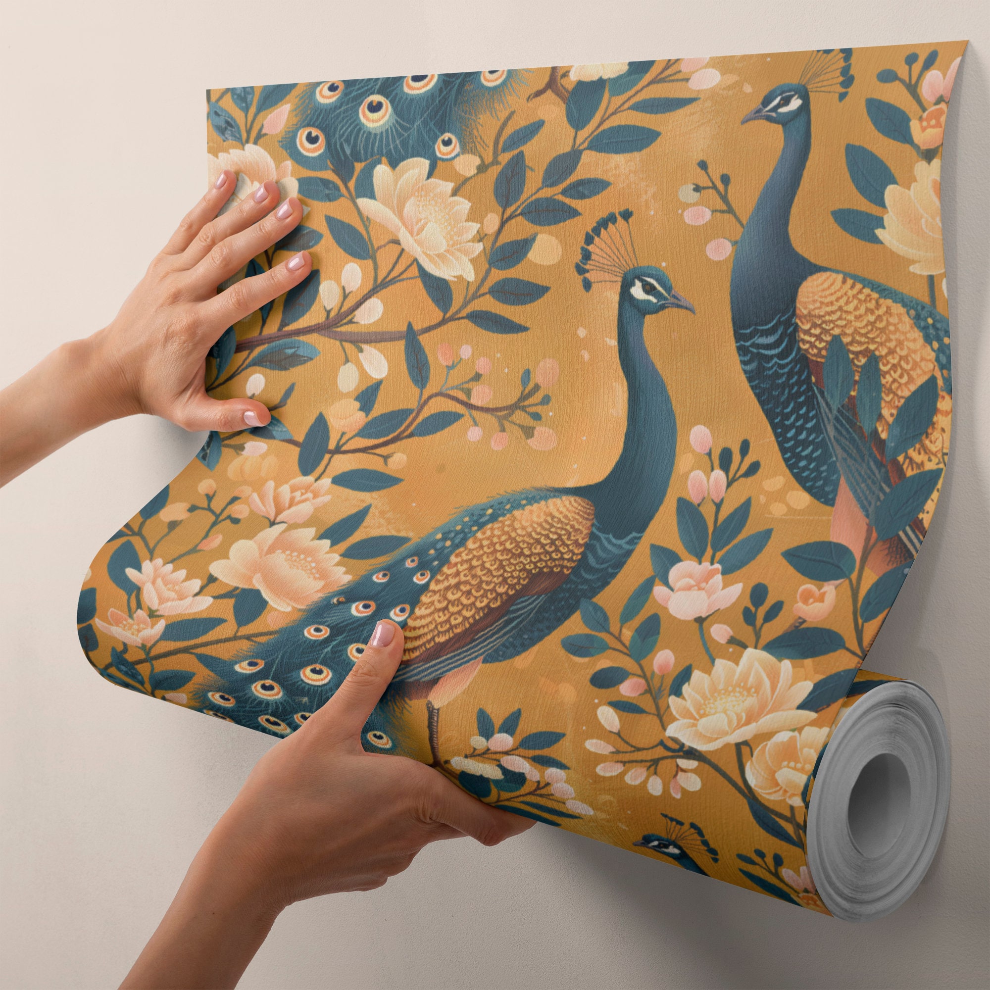 Chinoiserie Wallpaper Peacocks and Flowers Wall Mural Vintage Japanese Wallpaper Oriental Wall Art SD24