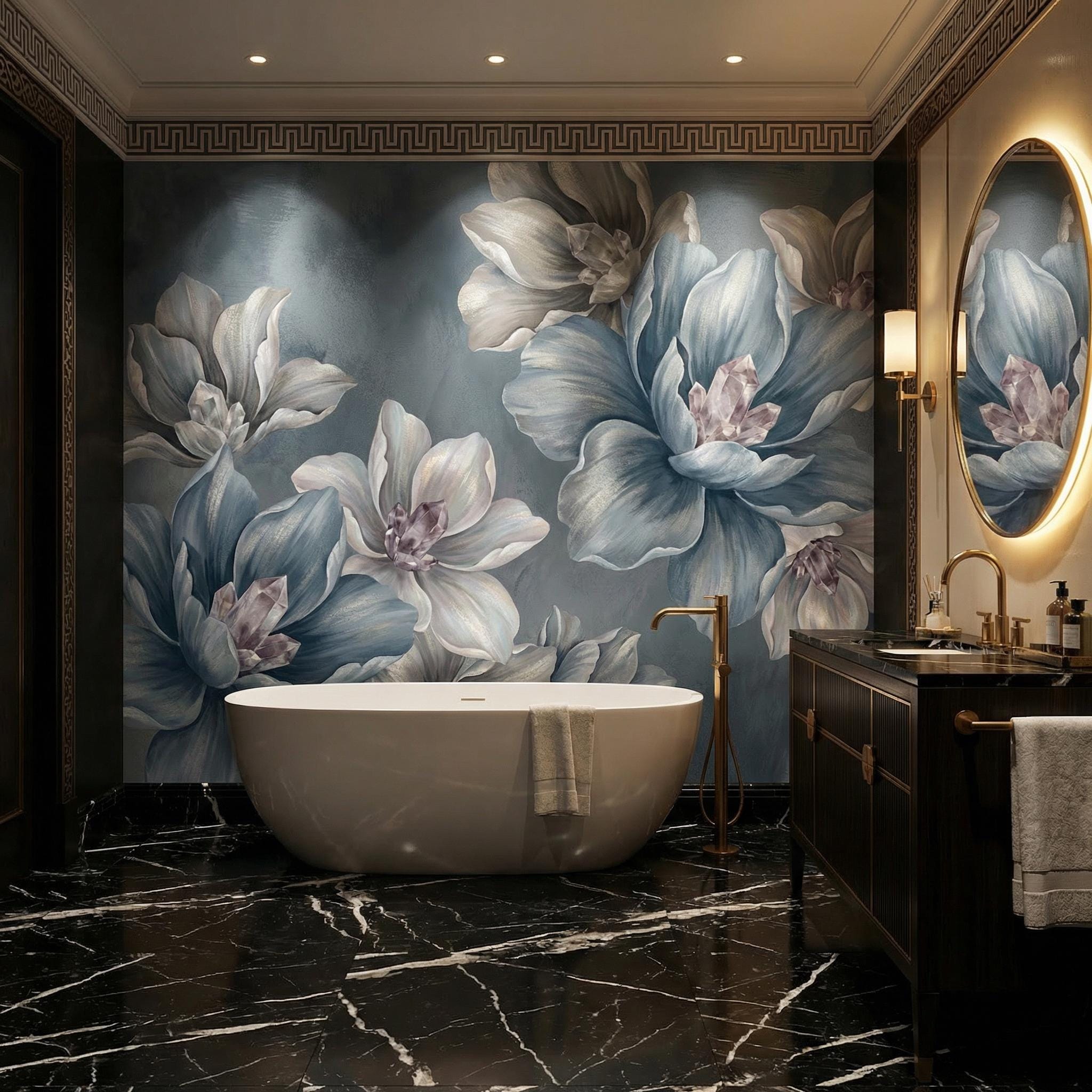 Blue Crystal Floral Wall Mural: Moody Botanical Mural for Living Room ...