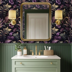 Dark Purple Botanical Wallpaper: Moody Fern Pattern for Bathroom, Powder Room - MF25