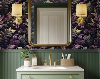 Dark Purple Botanical Wallpaper: Moody Fern Pattern for Bathroom, Powder Room - MF25