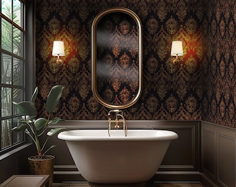 Black Damask Wallpaper: Dark Vintage Pattern for Bathroom, Powder Room, Study - BR04