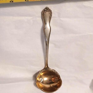 May include: A silver-colored ladle with an ornate handle and a rounded bowl. The handle has a decorative design along the edges and a detailed floral pattern at the top. The bowl has a gold-colored interior.