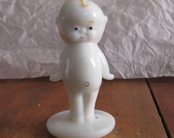 Vintage Boyd Glass Small Kewpie Doll, Hand Painted Milk Glass