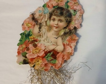 Antique Tinsel and Scrap Christmas Ornament, Angel