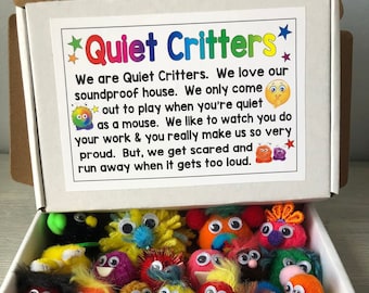 QUIET CRITTERS-Box filled with poem & poms Teacher resource, Classroom Behavior Management, Reward prizes, student incentives, homeschooling