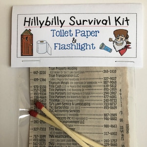 Hillbilly  Survival Kit - Redneck funny Gag Gift Bags , silly prank goody bags, Birthday, co-worker, neighbor, unique gift white trash party