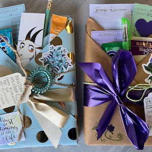 May include: Two wrapped gifts, one in light blue with gold polka dots and the other in brown paper. Both are tied with ribbons and include tags, stickers, and small items like pencils and tea bags. The gifts are themed around books.