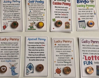 LUCKY PENNY- choice of 10 designs -sweet thoughts gift, friends, Lucky Pennies, god, birthday,  scratcher Lottery tickets, casino, angels