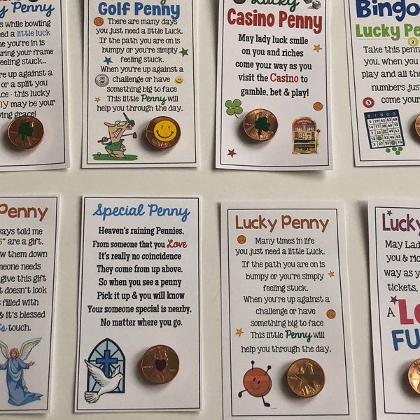LUCKY PENNY- choice of 10 designs -sweet thoughts gift, friends, Lucky Pennies, god, birthday,  scratcher Lottery tickets, casino, angels