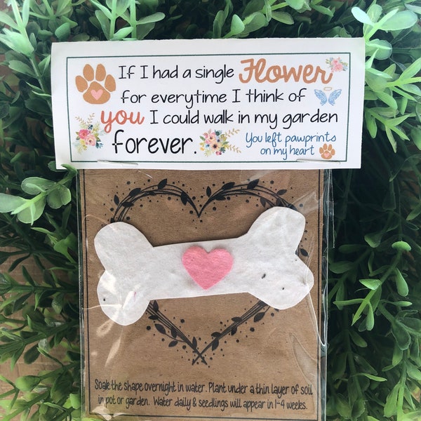 WILDFLOWER PET Bone shaped Seed gift bag- Plantable blooming recycled paper seed bomb, goodie bags, memorial, garden, pawprints  heart dog