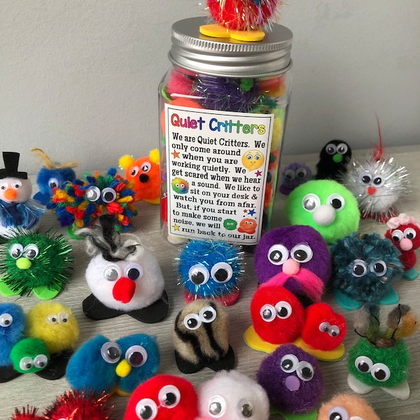 QUIET CRITTERS - LG. Jar with poem & poms Teacher resource, Classroom Behavior Management, Reward prizes, student incentives, homeschooling
