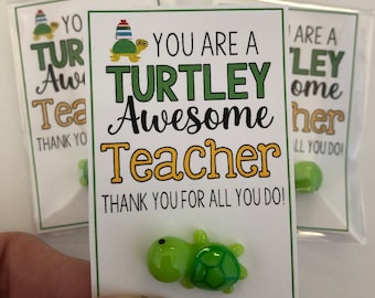 May include: A green turtle figurine with a black eye and a white background. The text on the card reads "You are a Turtley Awesome Teacher. Thank you for all you do!"