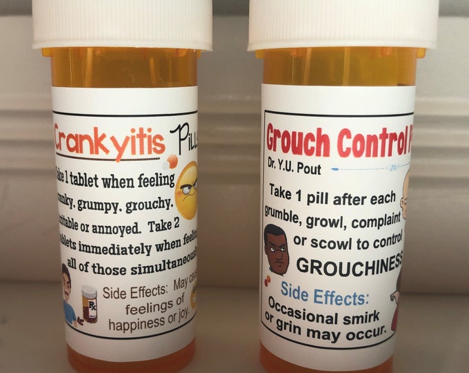 Grouch Control & Crankyitis Pills Set of 2 Pill Bottles Gag Gifts Medicine Bottle Funny Gifts