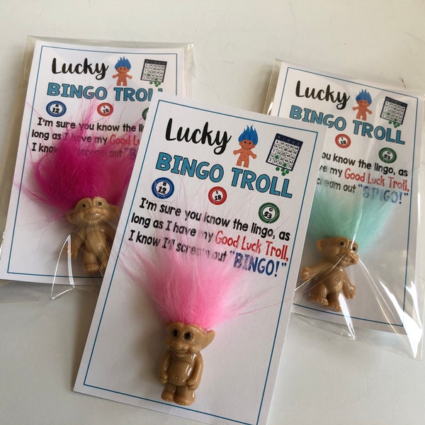 LUCKY BINGO TROLL - Adorable Good Luck mini Troll charm doll - bingo lucky charm card with colorful Troll dolls - friends, mom, grandma sis