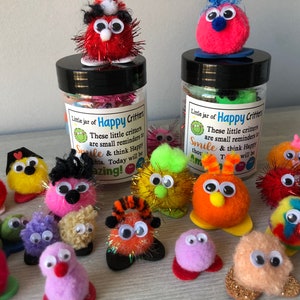 HAPPY CRITTERS - Children reward gift, Anxiety & Stress Relief pets, Jar full of worry pom pom pets, quiet tool, fidgets, handmade monsters