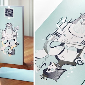 maritime Grußkarte Neptun & Nixe, Grussmarke Gutschein mit Umschlag, Gutscheinkarte, Geburtstagskarte, Geschenkkarte Bild 1