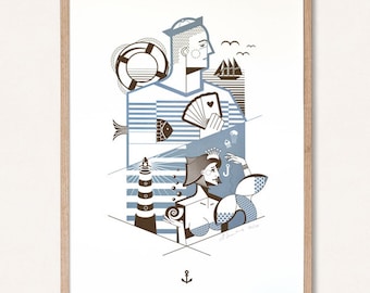 Limitierter Siebdruck DIN A2 "Matrosenträume", maritimes Wandbild, Segler Serigrafie, Schiff Poster, Kunstdruck, Wanddekoration