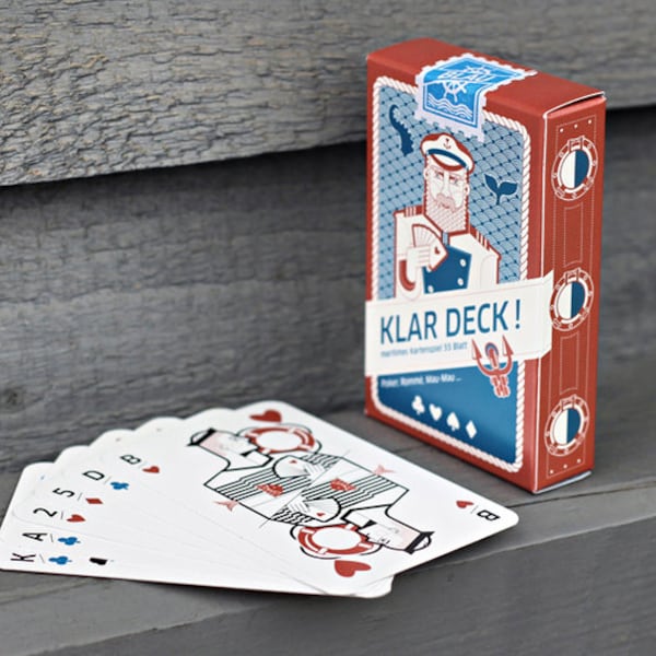 Maritimes Kartenspiel "Klar Deck", großes Blatt, blaue Rückseiten. Maritime Design Spielkarten für Poker, Skat etc. Mitbringsel / Geschenk.