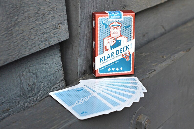 Maritimes Kartenspiel Klar Deck, großes Blatt, blaue Rückseiten. Maritime Design Spielkarten für Poker, Skat etc. Mitbringsel / Geschenk. Bild 2