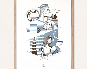 Limitierter Siebdruck DIN A2 "Matrosenträume", maritimes Wandbild, Segler Serigrafie, Schiff Poster, Kunstdruck, Wanddekoration