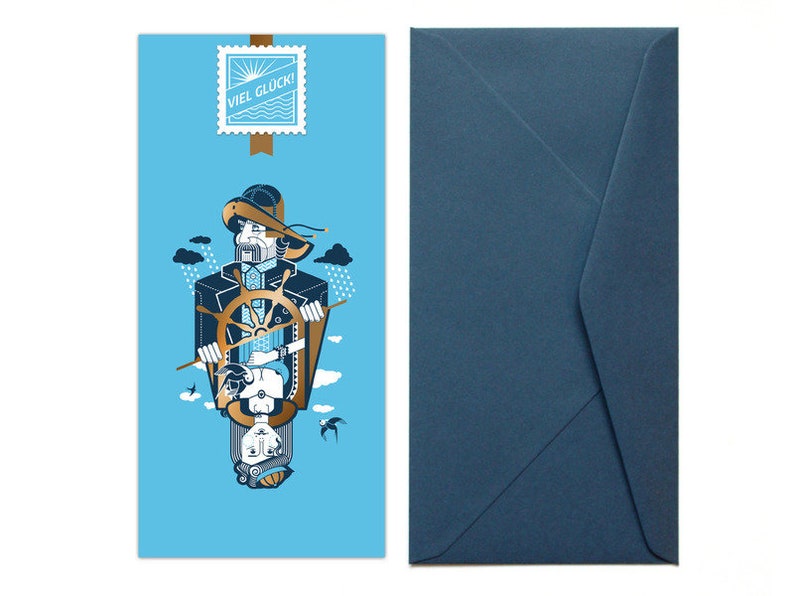 Maritime Grußkarte Kutterkapitän, Grußmarke Viel Glück mit Umschlag, Glückwunschkarte, Geburtstagskarte, Klappkarte, Einladung image 2