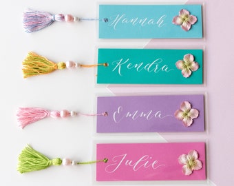 Personalized Bookmarks, Custom Bookmarks, Calligraphy Bookmarks, Floral Bookmarks, Pink Beaded Tassel Bookmarks, Handmade Bookmarks