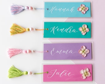 Personalized Bookmarks, Custom Bookmarks, Calligraphy Bookmarks, Floral Bookmarks, Pink Beaded Tassel Bookmarks, Handmade Bookmarks