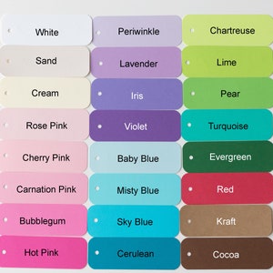 May include: A chart of 24 color swatches with names for each color. The colors include white, sand, cream, rose pink, cherry pink, carnation pink, bubblegum, hot pink, periwinkle, lavender, iris, violet, baby blue, misty blue, sky blue, cerulean, chartreuse, lime, pear, turquoise, evergreen, red, kraft, and cocoa.