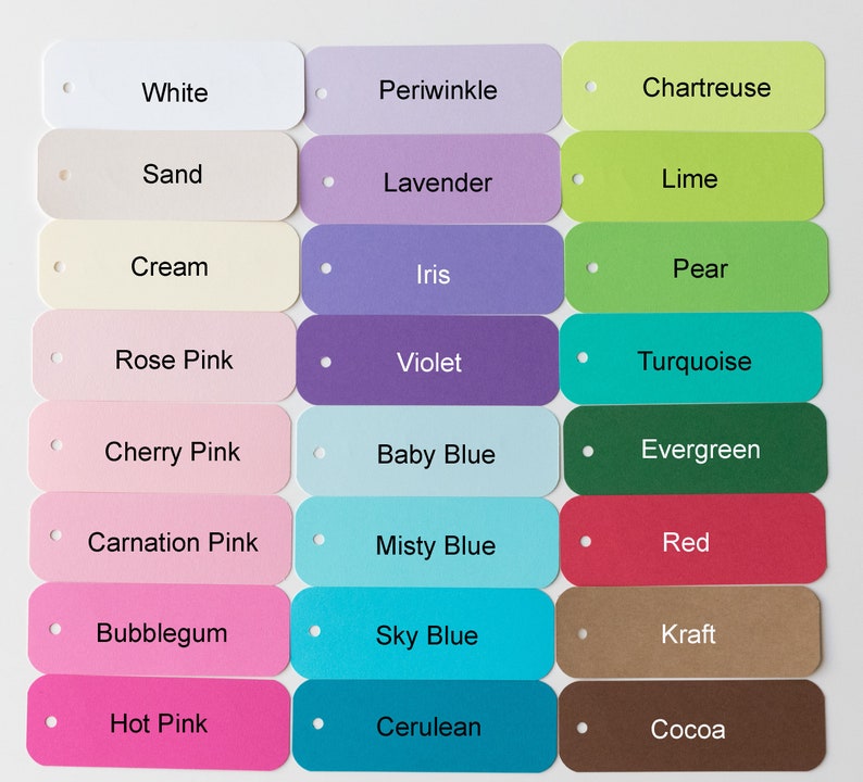 May include: A chart of 24 color swatches with names for each color. The colors include white, sand, cream, rose pink, cherry pink, carnation pink, bubblegum, hot pink, periwinkle, lavender, iris, violet, baby blue, misty blue, sky blue, cerulean, chartreuse, lime, pear, turquoise, evergreen, red, kraft, and cocoa.