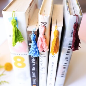 Peut inclure: Cinq livres avec des signets en forme de pompon de couleurs. Les signets sont vert, bleu, rose, jaune et bordeaux.
