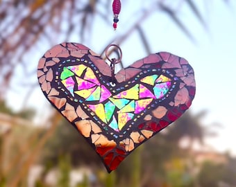 Stained Glass Heart – Handmade Mosaic on Cigar Box Wood, Beaded Window or Wall Hanging, Suncatcher