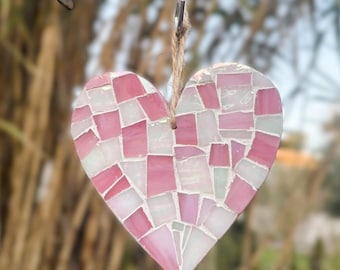 Handmade Pink Heart Stained Glass Mosaic – Rustic Love Wall or Window Hanging
