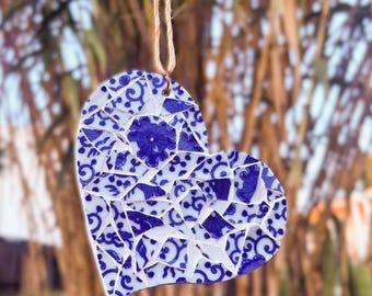 Bone China Mosaic Heart – Handmade Reclaimed Wood Wall Art