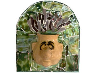Stained Glass Mosaic Funny Face Planter – Handmade Ceramic Wall Art