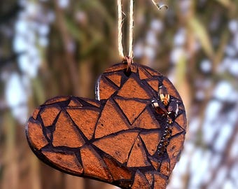 Bronze Mosaic Heart – Handmade Stained Glass on Cigar Box Wood, Tiny Window or Wall Hanging Gift
