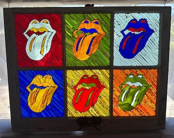 Pop Art Stained Glass Mosaic Window | Rock & Roll Tongue Art, Antique Six-Pane Frame