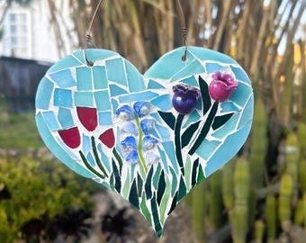 Handmade Stained Glass Heart – Mosaic Floral Window Hanging